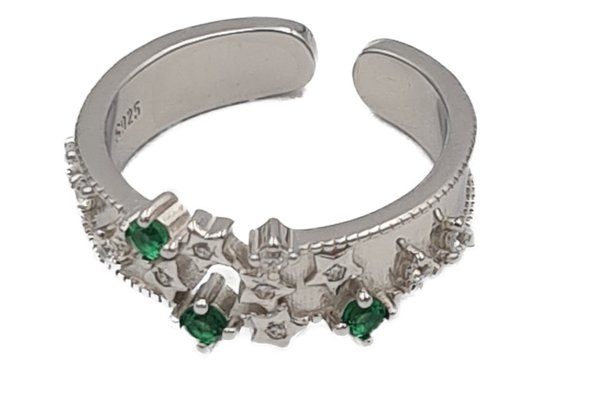 Verspielter Ring - CZ grün-weiß, 925 Silber, verstellbar